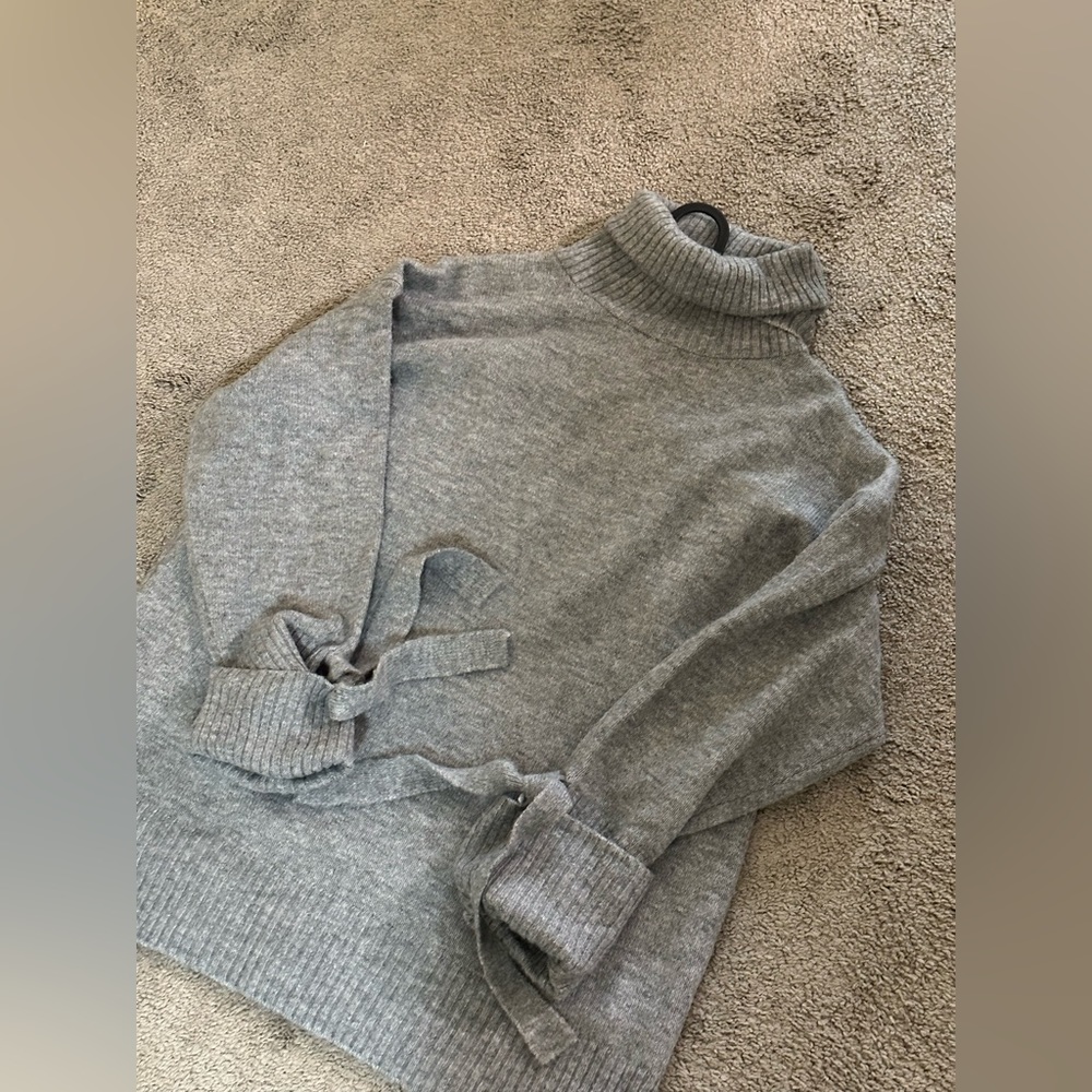 zara mockneck oversized sweater with sleeve ribbon detail